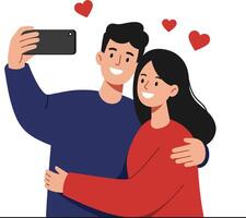 Happy couple taking a selfie together with hearts in a minimal flat design illustration vector