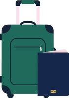 Green suitcase with pink handle and a navy travel folder, designed in a minimal flat illustration style, perfect for travel-themed graphics and digital art vector