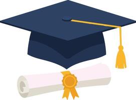 Graduation cap and diploma rolled up in a ribbon, showcasing a minimal design style in vibrant colors, ideal for educational art vector