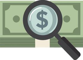 A magnifying glass examining a stack of dollar bills in a flat design style showcasing finance and scrutiny in illustration vector