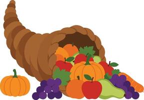 Cornucopia overflowing with colorful fruits and vegetables in a flat design style illustration vector