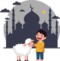 A joyful boy interacting with a fluffy sheep against a minimalist mosque silhouette in flat art vector