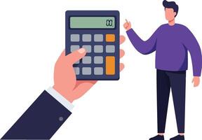 A hand holding a calculator while a man gestures confidently, showcasing a modern flat design style, representing calculation and analysis in art vector