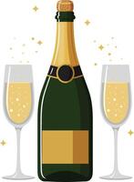 Champagne bottle with two sparkling glasses in a flat and minimal style, celebrating a joyful occasion in vibrant illustration vector