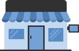 Small blue storefront with a black awning and large windows in a flat design illustration vector