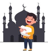 Happy boy holding a fluffy sheep in front of a majestic mosque, minimal design style, cheerful mood, art vector