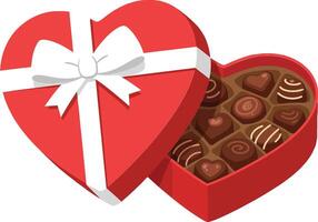 Heart-shaped red gift box overflowing with assorted chocolates in a flat, colorful design style representing love and celebration in art vector