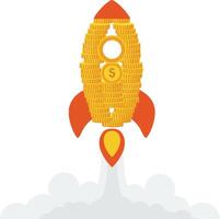 Rocket ship made of coins soaring upward with a dollar sign, flat illustration symbolizing financial growth and aspiration in a modern design style, art vector