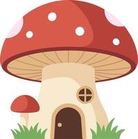 A whimsical mushroom house with a red cap and white dots, surrounded by green grass in a flat and colorful illustration vector