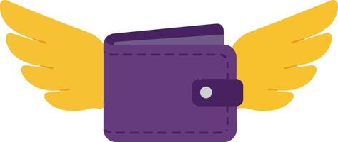 A whimsical purple wallet with yellow wings soaring through the air in a flat and minimal illustration vector