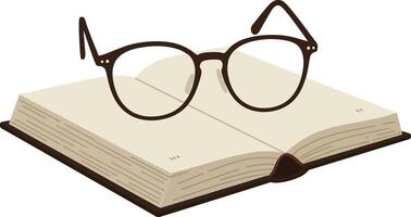 Open book with thick pages and stylish glasses resting on top in minimal flat art vector