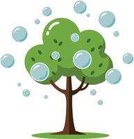 A stylized green tree surrounded by playful blue bubbles in a flat design illustration showcasing a whimsical and cheerful atmosphere in nature vector