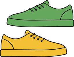 Colorful green and yellow sneakers displayed in a flat design style showcasing simplicity and vibrancy in art vector