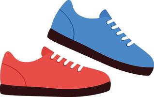 Colorful red and blue sneakers arranged playfully with a flat design style, showcasing vibrant colors and playful shapes in this art vector