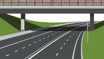 A detailed highway scene featuring a modern overpass with flowing lanes and green hills in a minimal design style, illustrating art vector
