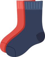 Colorful pair of socks in flat design style with vibrant red and navy blue hues, emphasizing comfort and casual wear in art vector