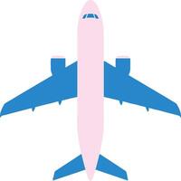 Airplane viewed from above in flat design style showcasing vibrant blue and pink colors in a minimalist illustration vector