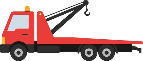 Red tow truck with crane arm in flat design, showcasing a simple yet bold aesthetic in art vector