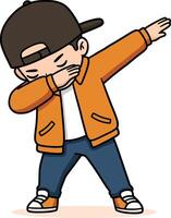 A young boy in an orange jacket performing a dab dance move in a playful, flat illustration style showcasing joy and energy in a lively pose vector
