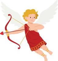 A cherubic angel in a flowing red robe wielding a bow and arrow, depicted in a playful flat design style, creating charming art vector