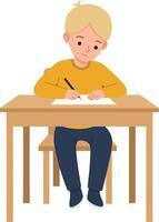 A young boy sitting at a wooden desk in a bright room, sketching with a pencil in a flat illustration vector