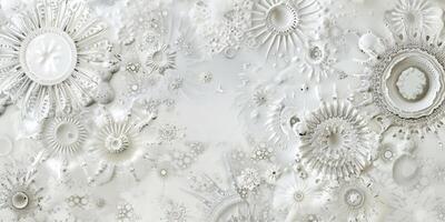 A white wall with many white flowers on it photo