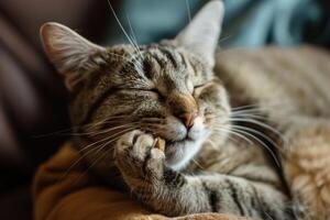 A cat is laying on a couch with its paws on its face photo