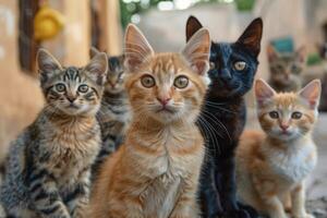 A group of cats standing together in front of a building photo