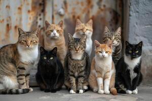 A group of cats sitting together in front of a rusty door photo