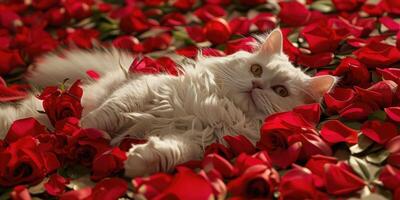 A white cat laying in a field of red roses photo
