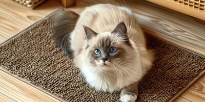 A cat with blue eyes sitting on a rug photo