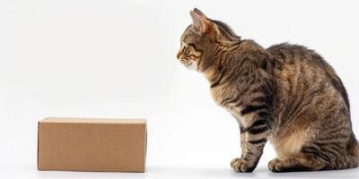 A cat looking at a box on a white background photo