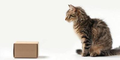 A cat sitting next to a box on a white background photo