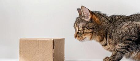 A cat looking at a box on a white background photo