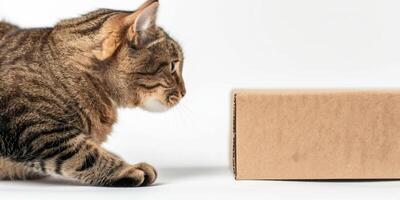 A cat is looking at a box on a white background photo
