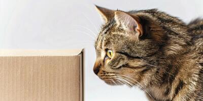 A cat looking at a box on a white background photo