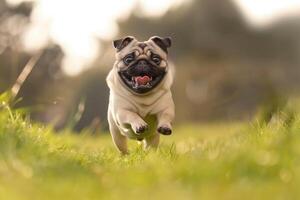 A pug dog running through a field photo