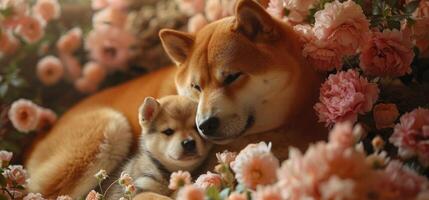 A dog and a puppy laying in a field of flowers photo
