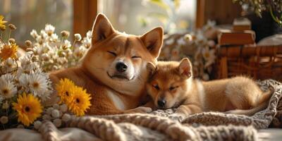 Two dogs laying on a blanket with flowers photo