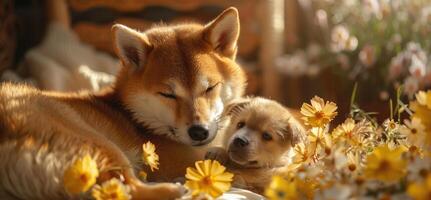 A dog and a puppy laying in the grass photo