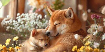A dog and a puppy cuddle together in a flower field photo