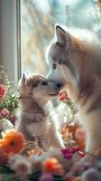 Two husky puppies are kissing on the nose photo