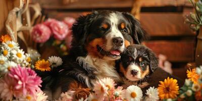 Two dogs laying in a field of flowers photo