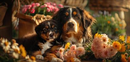 Two dogs laying on the ground in front of flowers photo