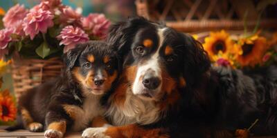Two dogs laying next to each other in front of flowers photo