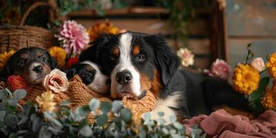 Two dogs laying on a blanket with flowers photo