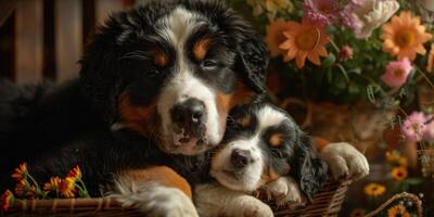 Two bernese mountain dogs laying in a basket photo