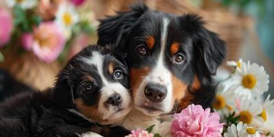 Two dogs laying next to each other with flowers photo
