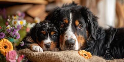 Two dogs laying on a blanket with flowers photo