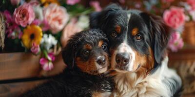 Two dogs are sitting next to each other photo
